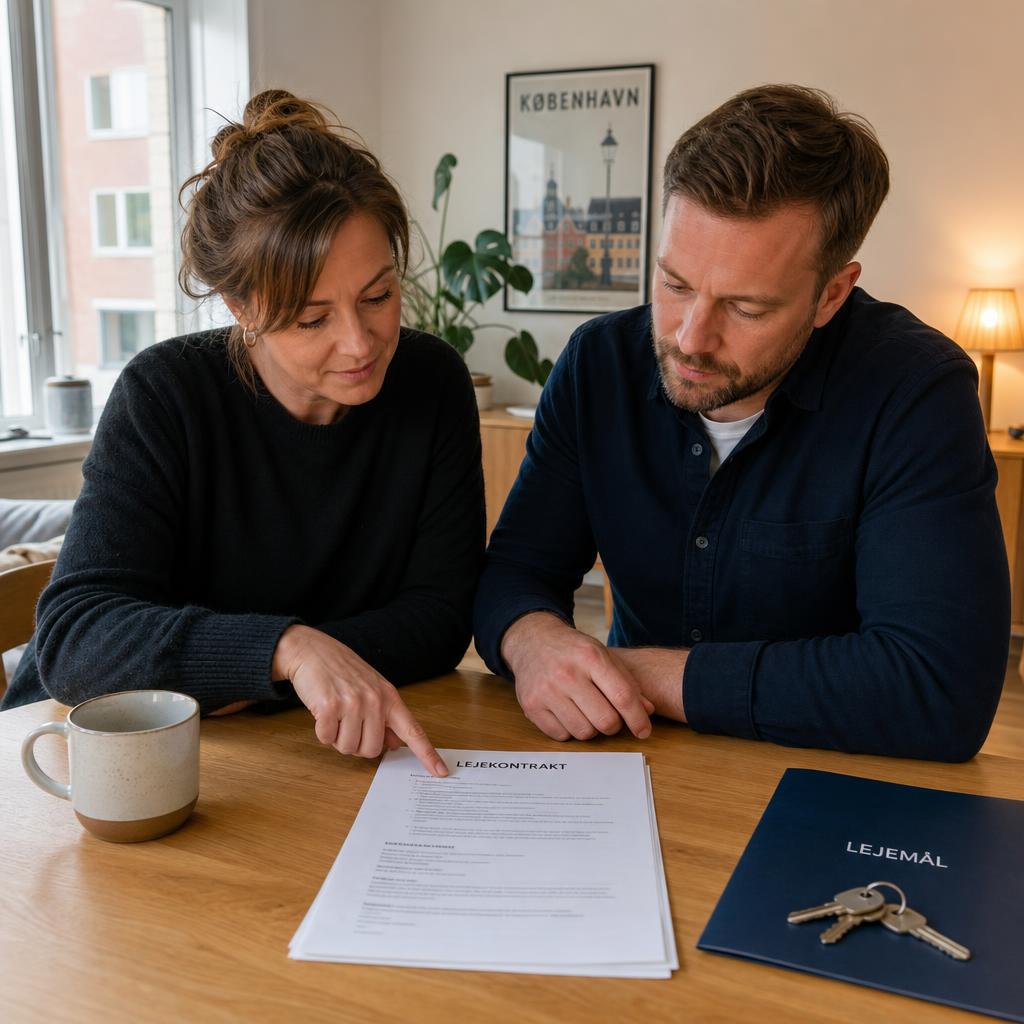 Lejer og udlejer gennemgår lejekontrakt ved et bord